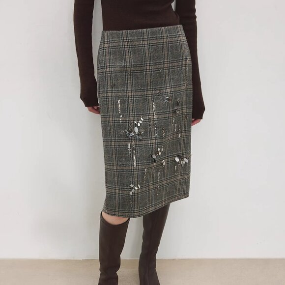 CHICJOC Heavy Wool Plaid Midi Skirt with Hand Beading – NWT – Size 38 - Picture 2 of 9